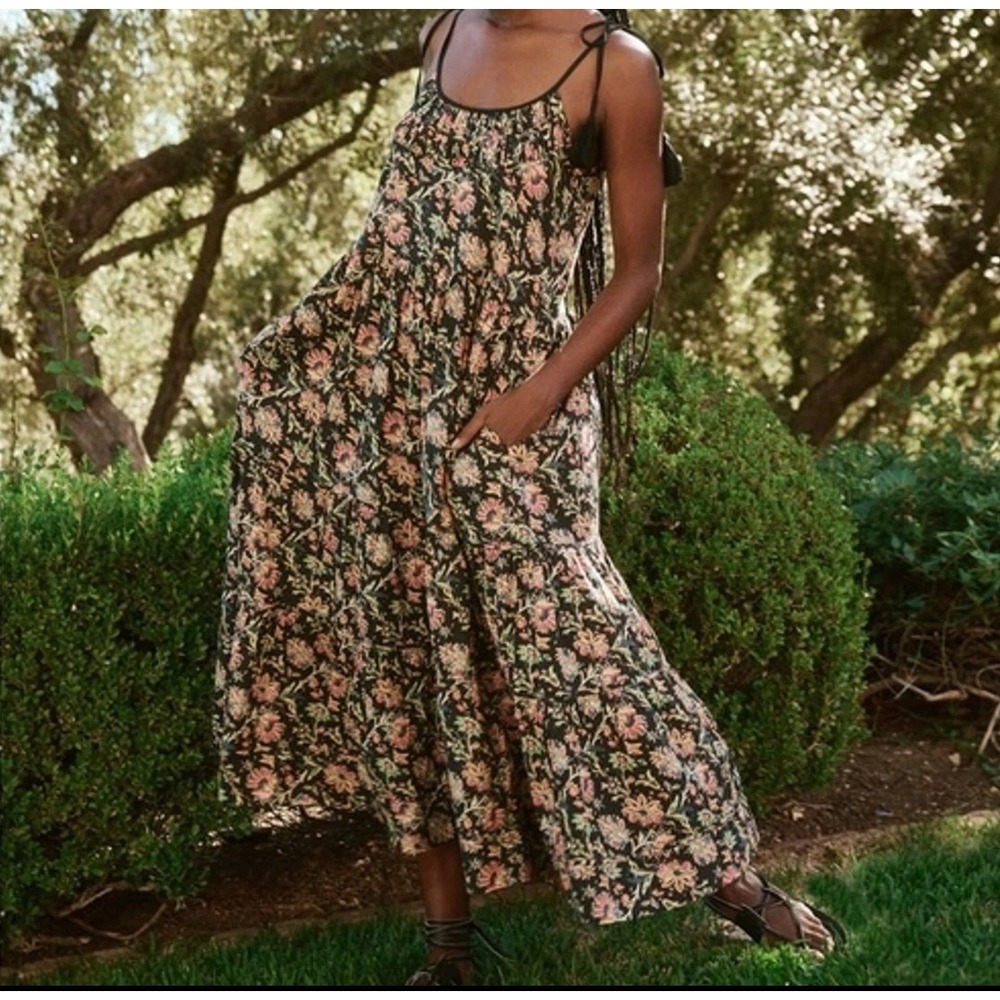 THE GREAT. Black Floral Midi Dress with Pink and Green Print